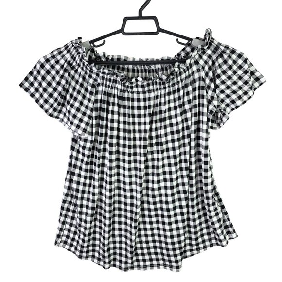 Womens Signature Studio Black & White Gingham Off-Shoulder Top Short Sleeve L - Picture 1 of 7